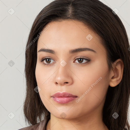 Neutral white young-adult female with long  brown hair and brown eyes