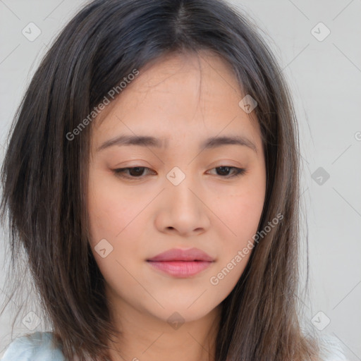 Neutral white young-adult female with long  brown hair and brown eyes