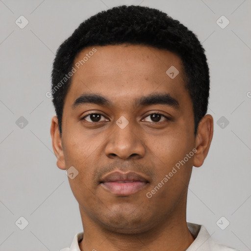 Neutral latino young-adult male with short  black hair and brown eyes