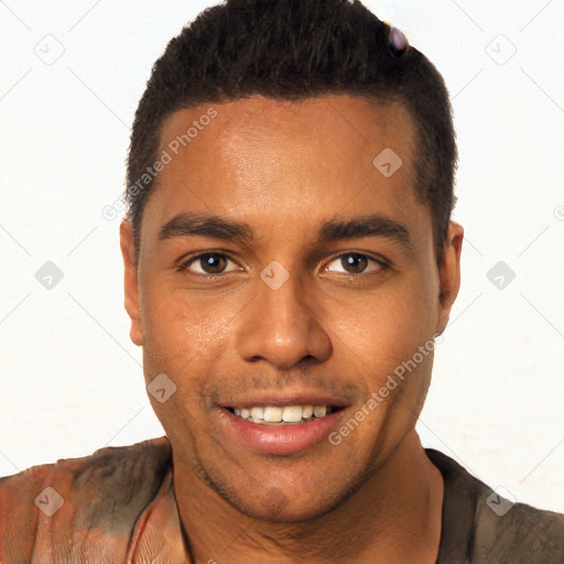 Joyful black young-adult male with short  black hair and brown eyes