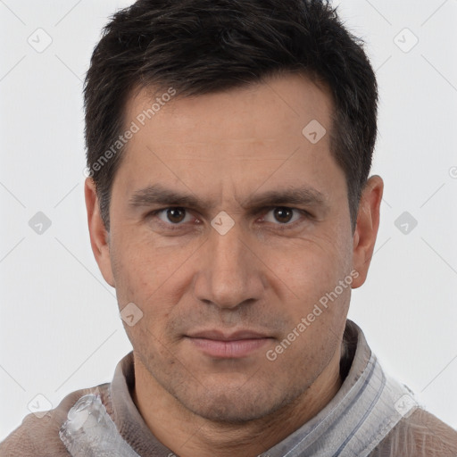 Neutral white adult male with short  brown hair and brown eyes