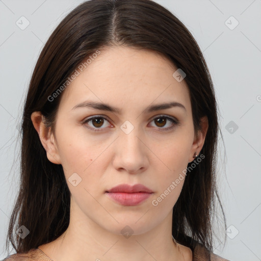 Neutral white young-adult female with medium  brown hair and brown eyes