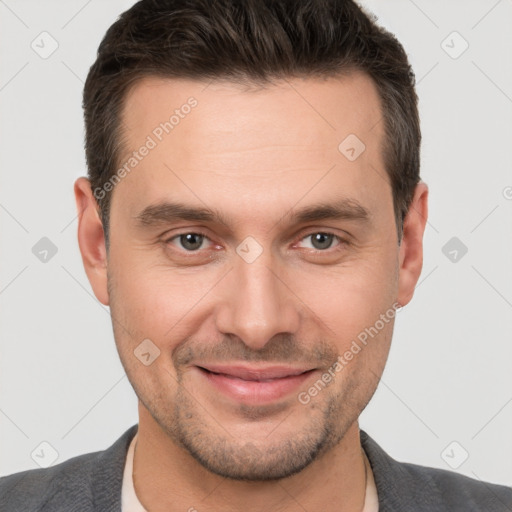 Joyful white young-adult male with short  brown hair and brown eyes