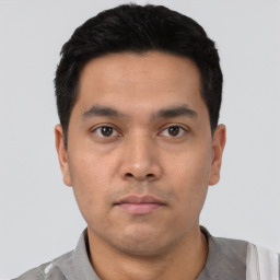 Neutral asian young-adult male with short  black hair and brown eyes