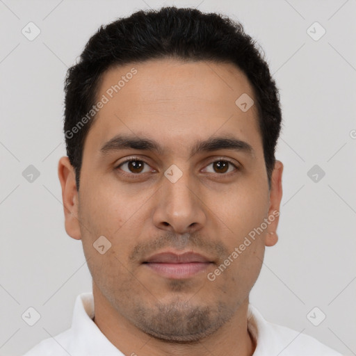 Neutral latino young-adult male with short  brown hair and brown eyes