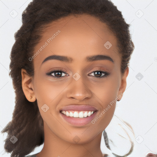 Joyful latino young-adult female with long  brown hair and brown eyes