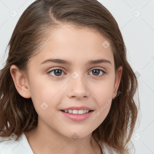 Joyful white child female with medium  brown hair and brown eyes