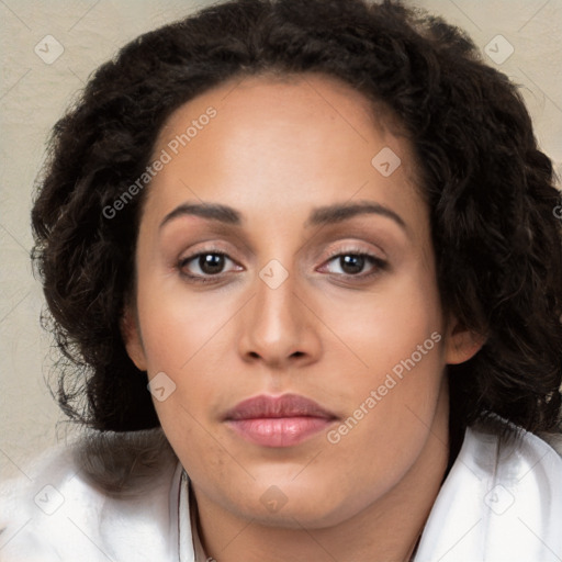 Joyful white young-adult female with long  black hair and brown eyes