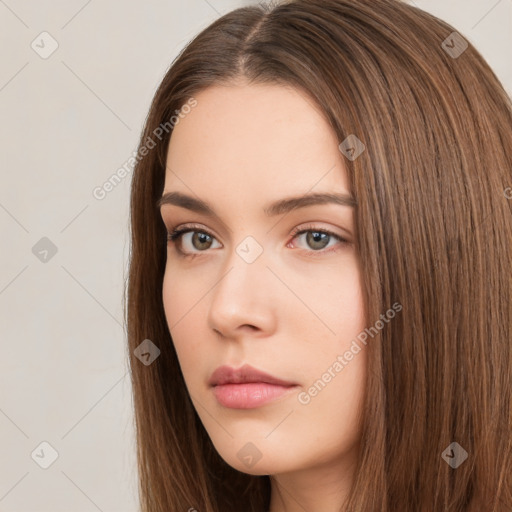 Neutral white young-adult female with long  brown hair and brown eyes