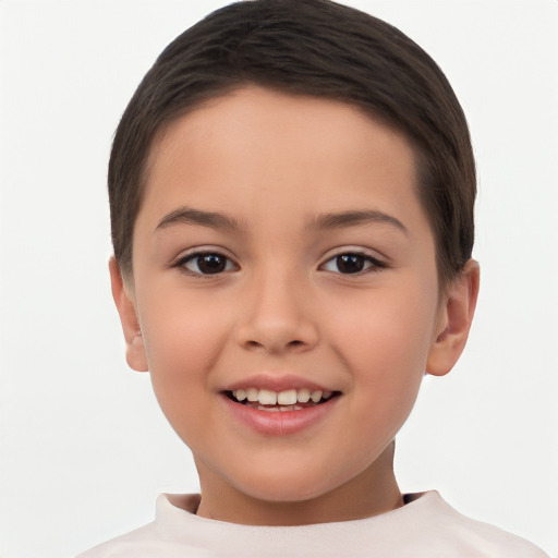 Joyful white child female with short  brown hair and brown eyes