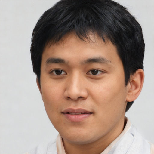 Neutral asian young-adult male with short  black hair and brown eyes