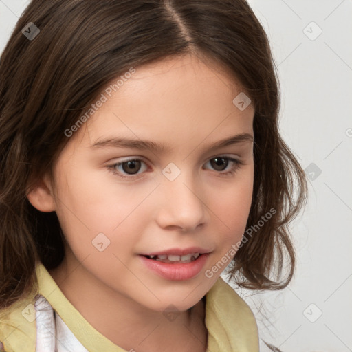 Joyful white child female with medium  brown hair and brown eyes