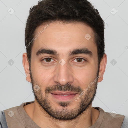 Joyful white young-adult male with short  brown hair and brown eyes