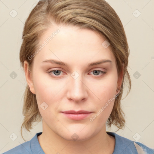 Neutral white young-adult female with medium  brown hair and grey eyes