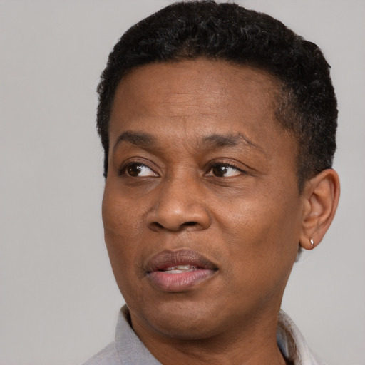 Joyful black adult male with short  black hair and brown eyes