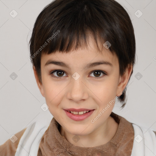 Joyful white child female with medium  brown hair and brown eyes