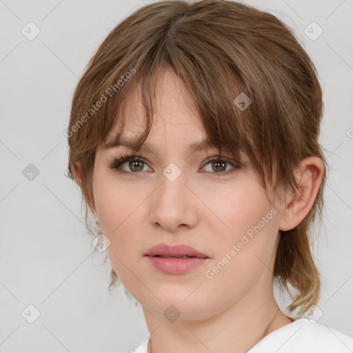 Neutral white young-adult female with medium  brown hair and grey eyes