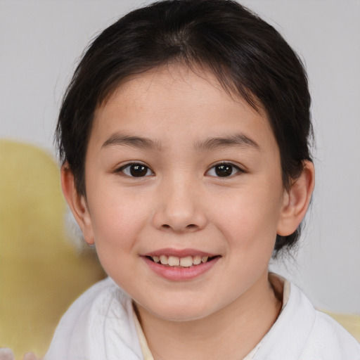 Joyful white child female with medium  brown hair and brown eyes