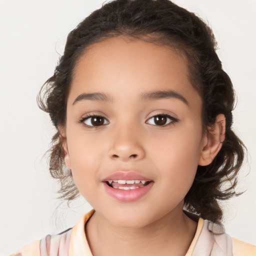 Joyful white child female with medium  brown hair and brown eyes