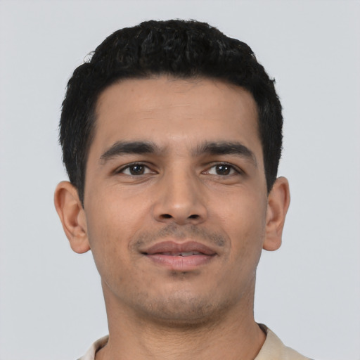 Neutral latino young-adult male with short  black hair and brown eyes