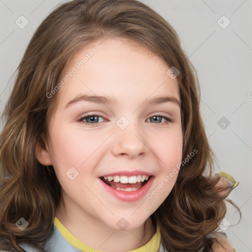 Joyful white child female with medium  brown hair and brown eyes