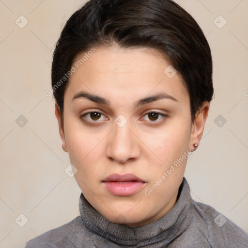 Neutral white young-adult female with short  brown hair and brown eyes