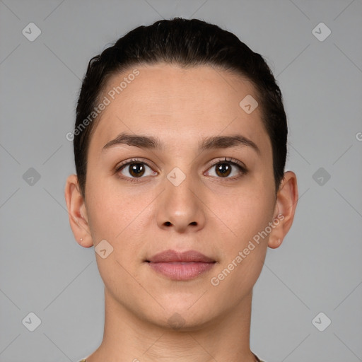 Neutral white young-adult female with short  brown hair and brown eyes