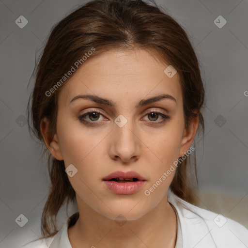 Neutral white young-adult female with medium  brown hair and brown eyes