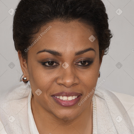 Joyful black young-adult female with short  brown hair and brown eyes