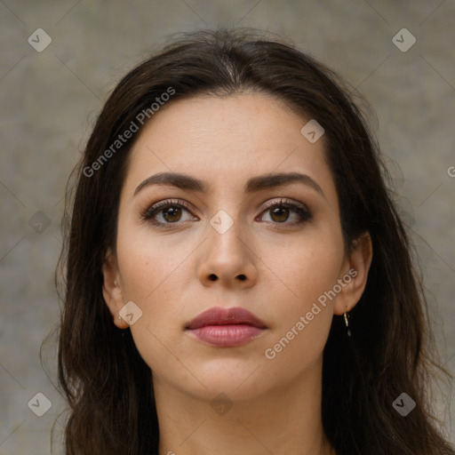 Neutral white young-adult female with long  brown hair and brown eyes