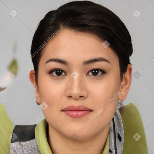 Joyful asian young-adult female with medium  black hair and brown eyes