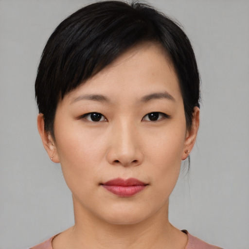 Neutral asian young-adult female with short  black hair and brown eyes