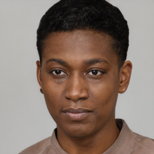 Neutral black young-adult male with short  black hair and brown eyes