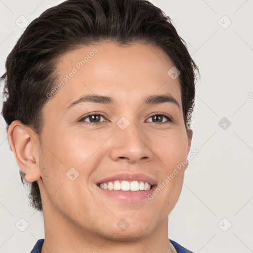 Joyful white young-adult female with short  brown hair and brown eyes