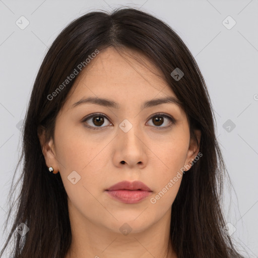 Neutral asian young-adult female with long  brown hair and brown eyes