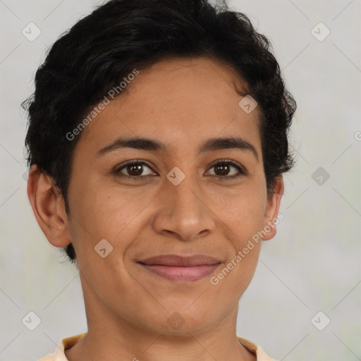 Joyful latino young-adult female with short  brown hair and brown eyes