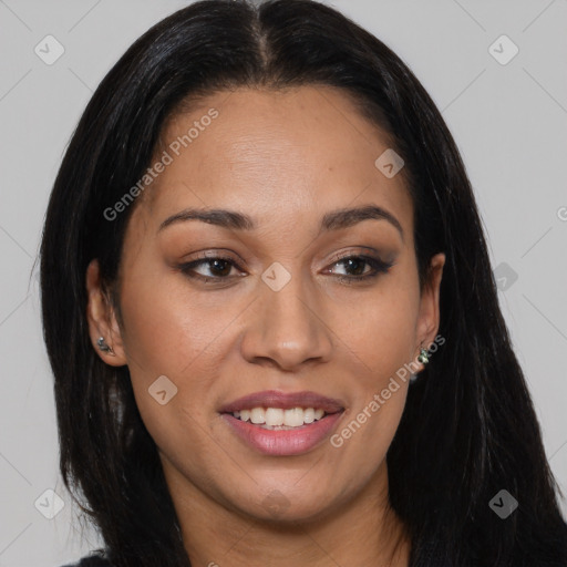 Joyful asian young-adult female with long  brown hair and brown eyes