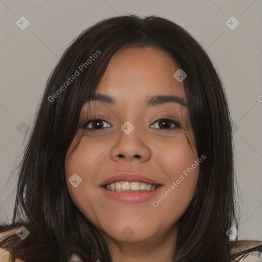 Joyful latino young-adult female with long  brown hair and brown eyes