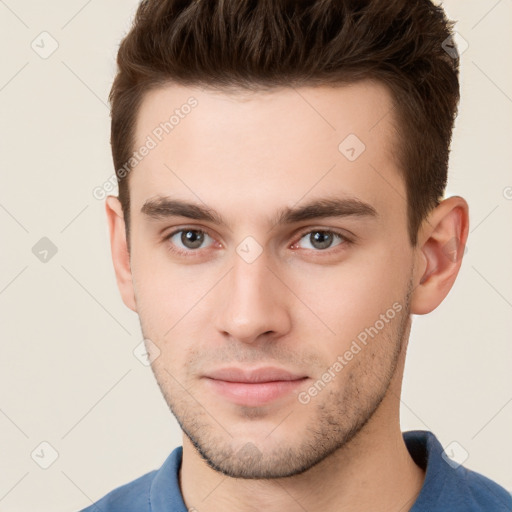 Neutral white young-adult male with short  brown hair and brown eyes