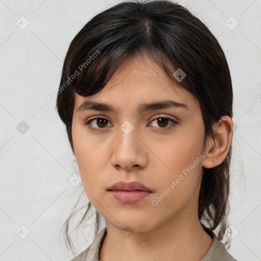 Neutral asian young-adult female with medium  brown hair and brown eyes