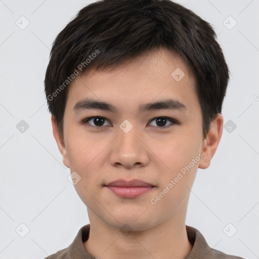 Neutral asian young-adult male with short  brown hair and brown eyes