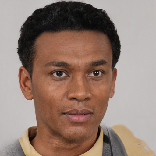 Neutral latino adult male with short  black hair and brown eyes