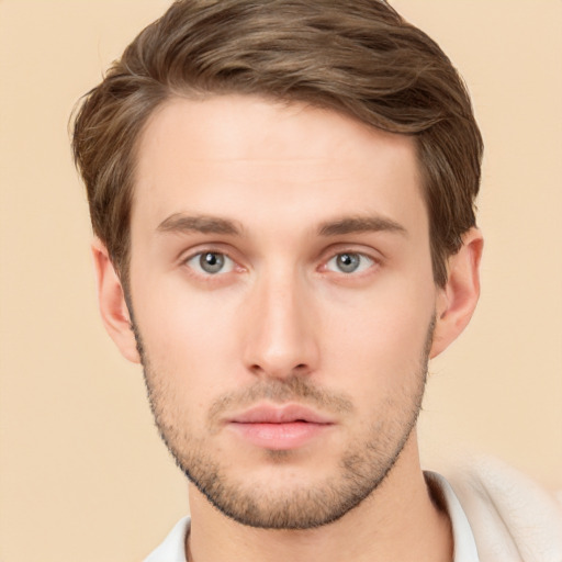 Neutral white young-adult male with short  brown hair and brown eyes