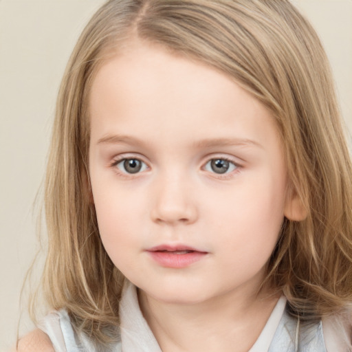 Neutral white child female with medium  brown hair and blue eyes