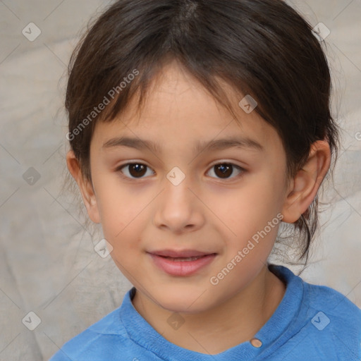 Joyful white child female with medium  brown hair and brown eyes