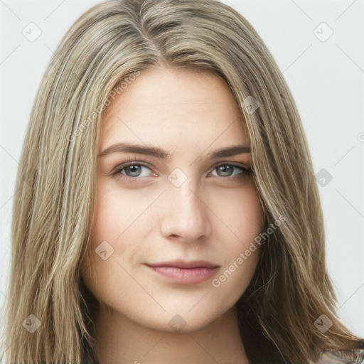 Neutral white young-adult female with long  brown hair and brown eyes