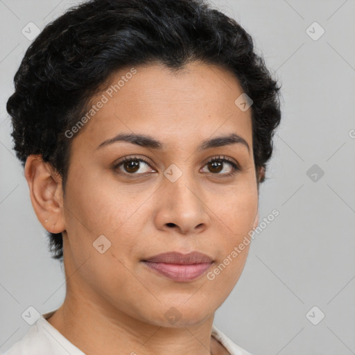 Joyful latino young-adult female with short  brown hair and brown eyes