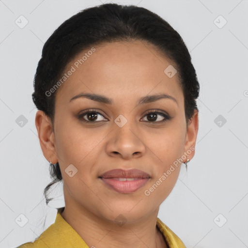 Joyful latino young-adult female with short  brown hair and brown eyes