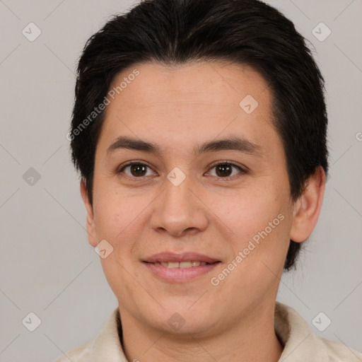 Joyful white young-adult female with short  brown hair and brown eyes