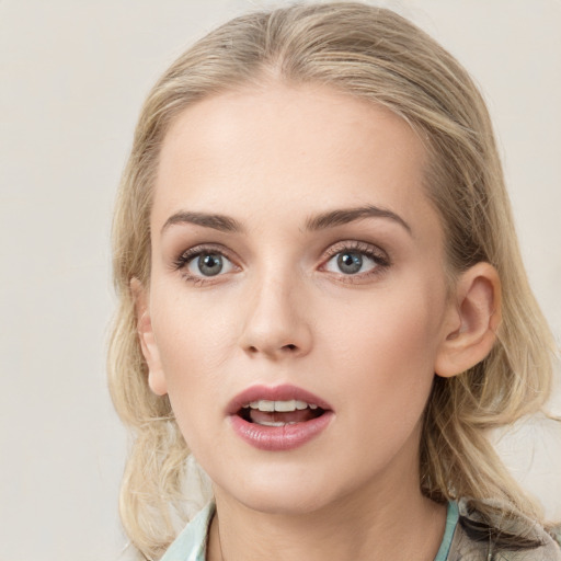 Neutral white young-adult female with medium  brown hair and blue eyes